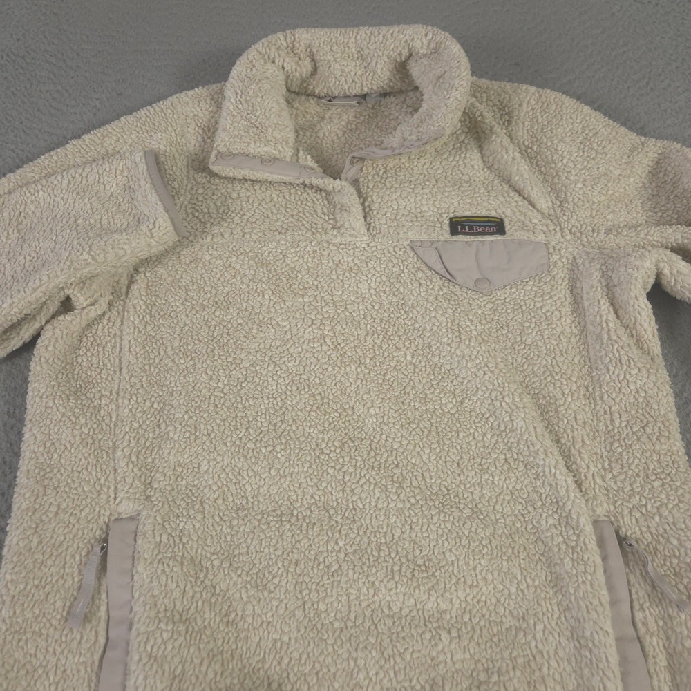 L.L. Bean Pullover Womens Small Cream Hi-Pile Fleece Snap Neck Pocket Warm Cozy